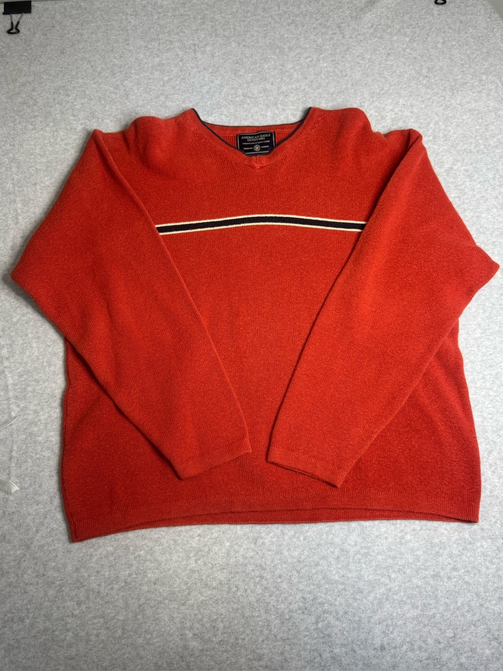 American Eagle Outfitters Burnt Orange V-Neck Sweater with Contrast Stripe Large